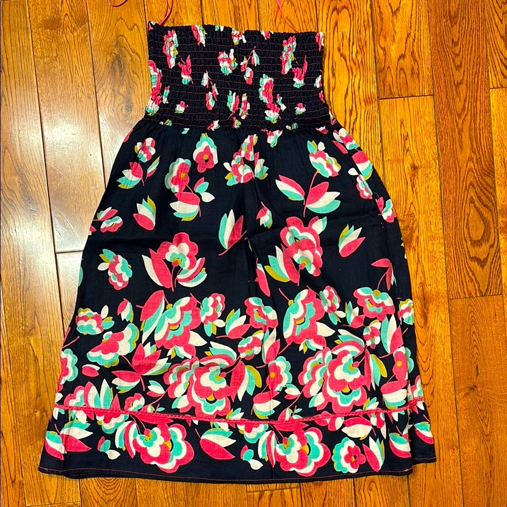 MNG Mango Fun Floral Strapless Dress in navy blue
